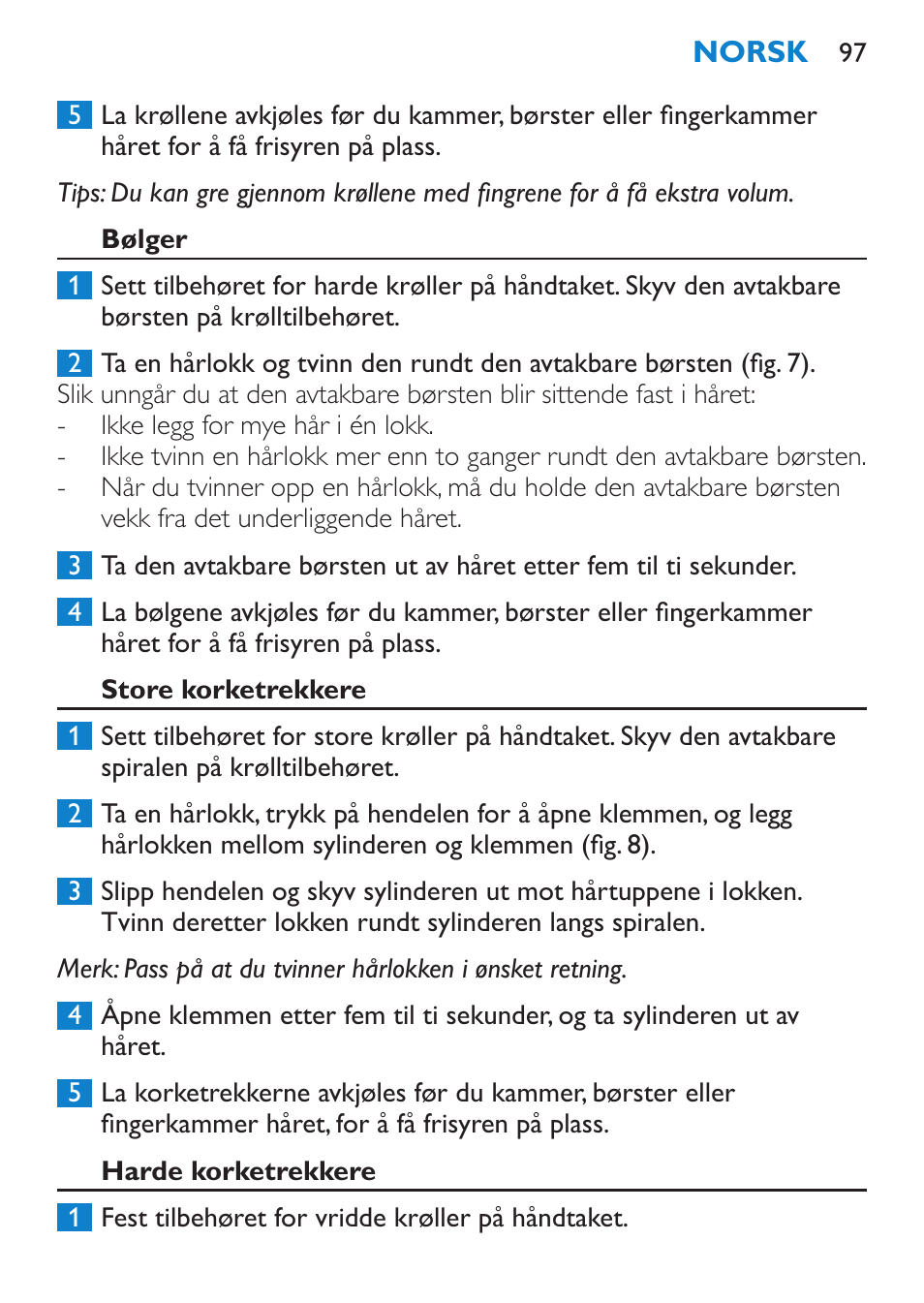 Bølger, Store korketrekkere, Harde korketrekkere | Philips Brosse multi-styles User Manual | Page 97 / 148