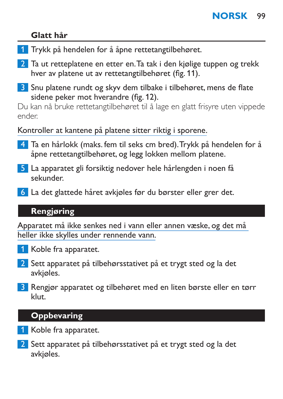 Glatt hår, Rengjøring, Oppbevaring | Philips Brosse multi-styles User Manual | Page 99 / 148