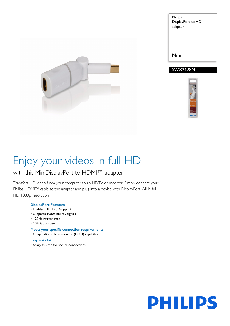 Philips Adaptateur DisplayPort-HDMI User Manual | 2 pages