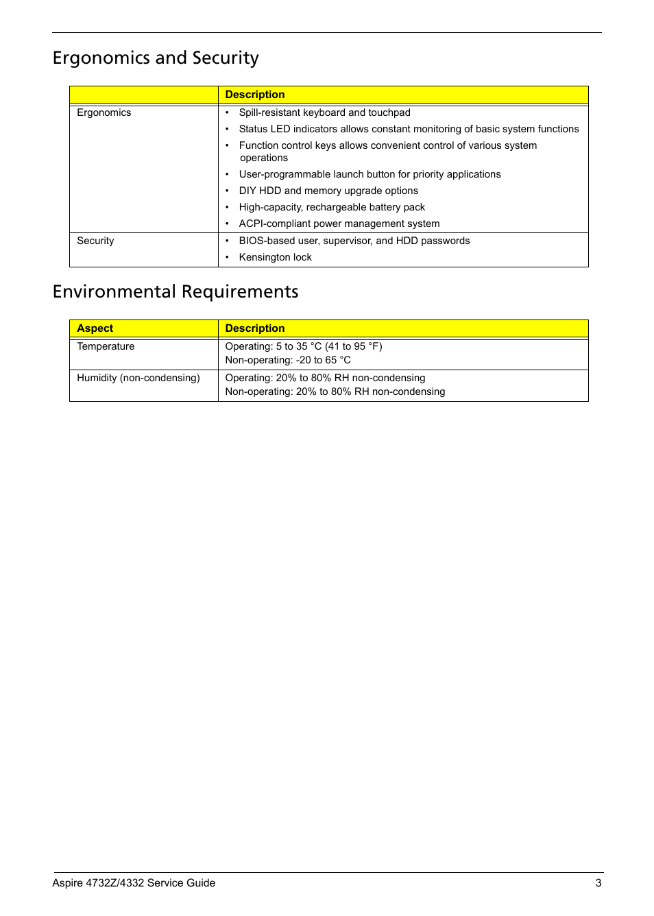 Ergonomics and security, Environmental requirements, Ergonomics and security environmental requirements | Acer 4732Z/4332 User Manual | Page 11 / 103