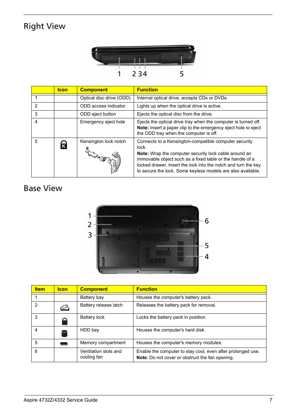 Right view, Base view, Right view base view | Acer 4732Z/4332 User Manual | Page 15 / 103