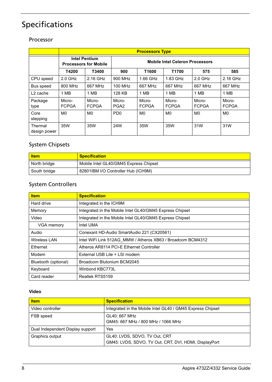 Specifications, Processor, System chipsets | System controllers | Acer 4732Z/4332 User Manual | Page 16 / 103