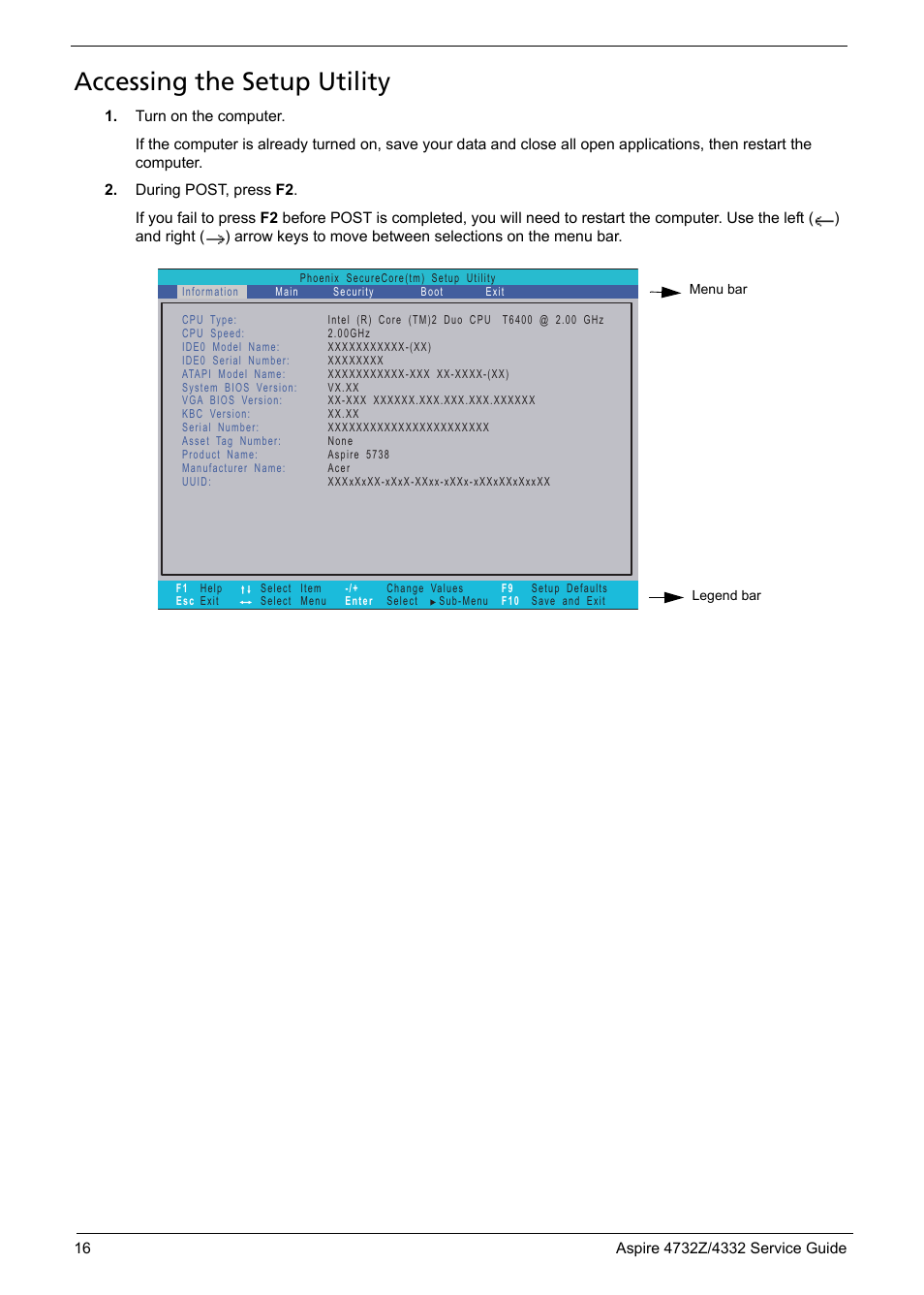 Accessing the setup utility, Nix securecore setup utility | Acer 4732Z/4332 User Manual | Page 24 / 103