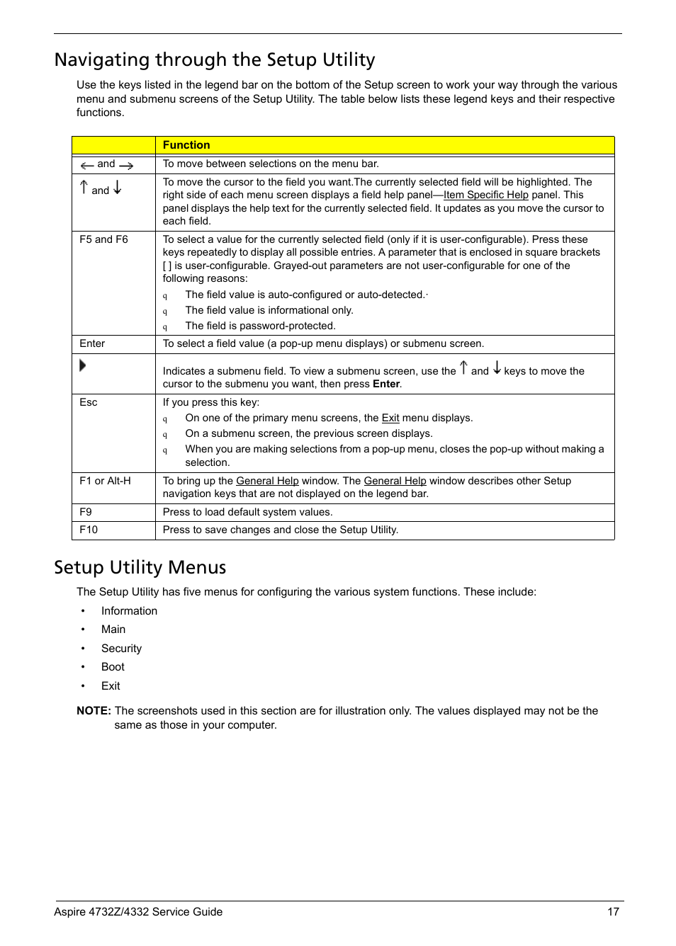 Navigating through the setup utility, Setup utility menus | Acer 4732Z/4332 User Manual | Page 25 / 103