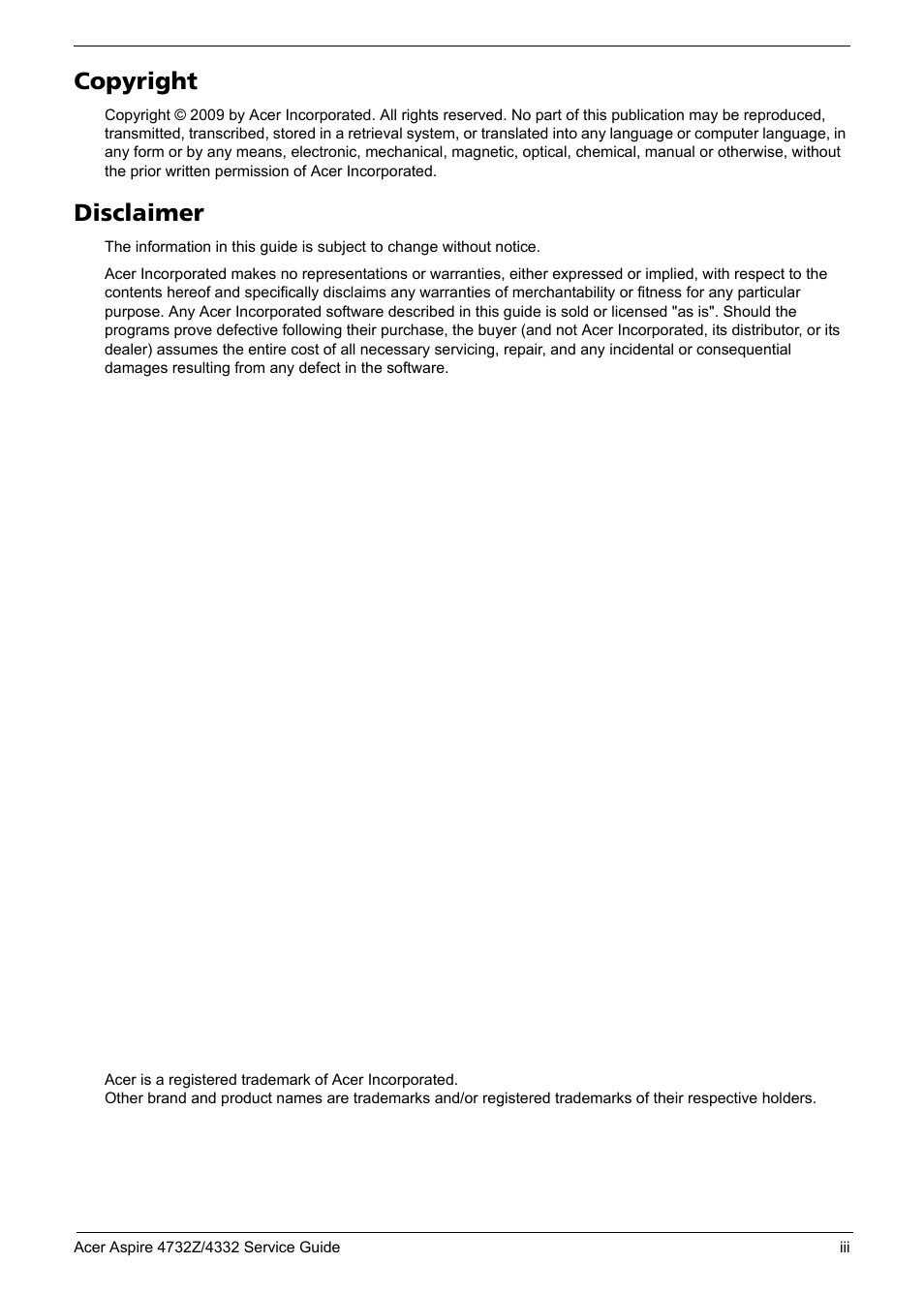 Copyright, Disclaimer | Acer 4732Z/4332 User Manual | Page 3 / 103