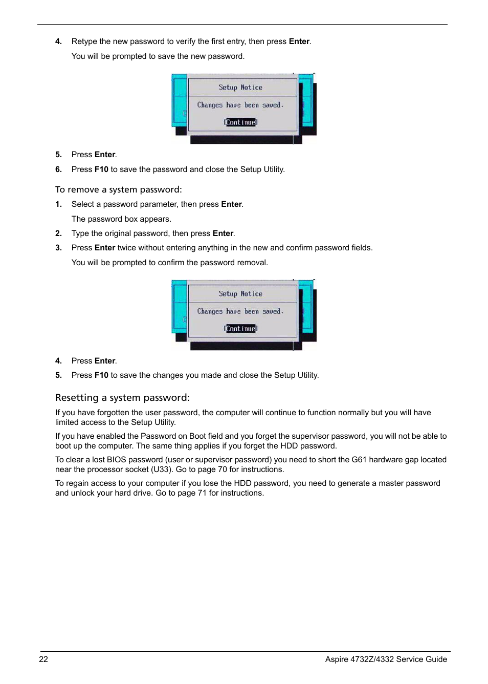 Resetting a system password | Acer 4732Z/4332 User Manual | Page 30 / 103