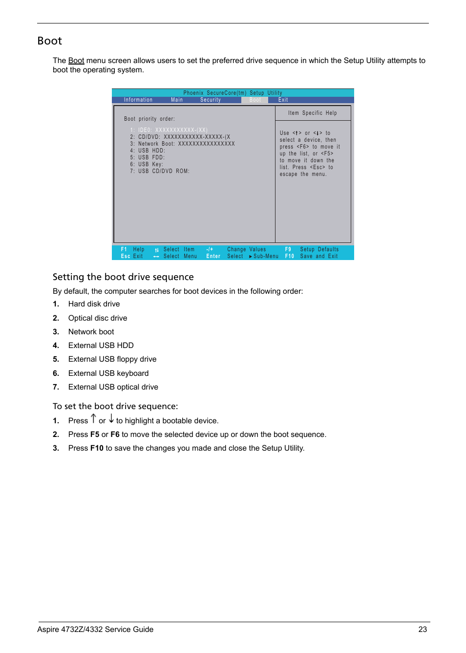 Boot, Setting the boot drive sequence | Acer 4732Z/4332 User Manual | Page 31 / 103