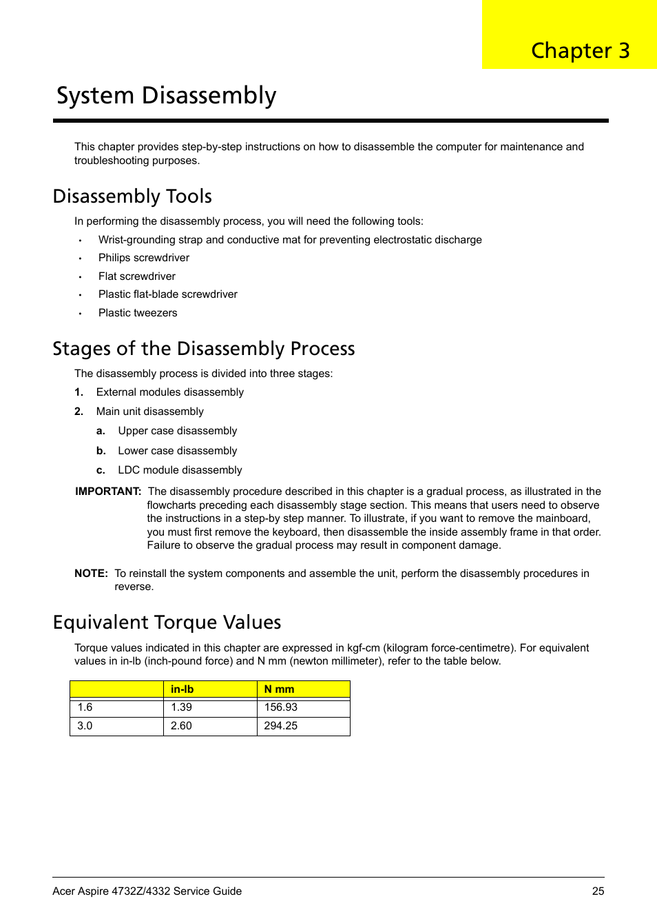 Disassembly tools, Stages of the disassembly process, Equivalent torque values | System disassembly, Chapter 3 | Acer 4732Z/4332 User Manual | Page 33 / 103