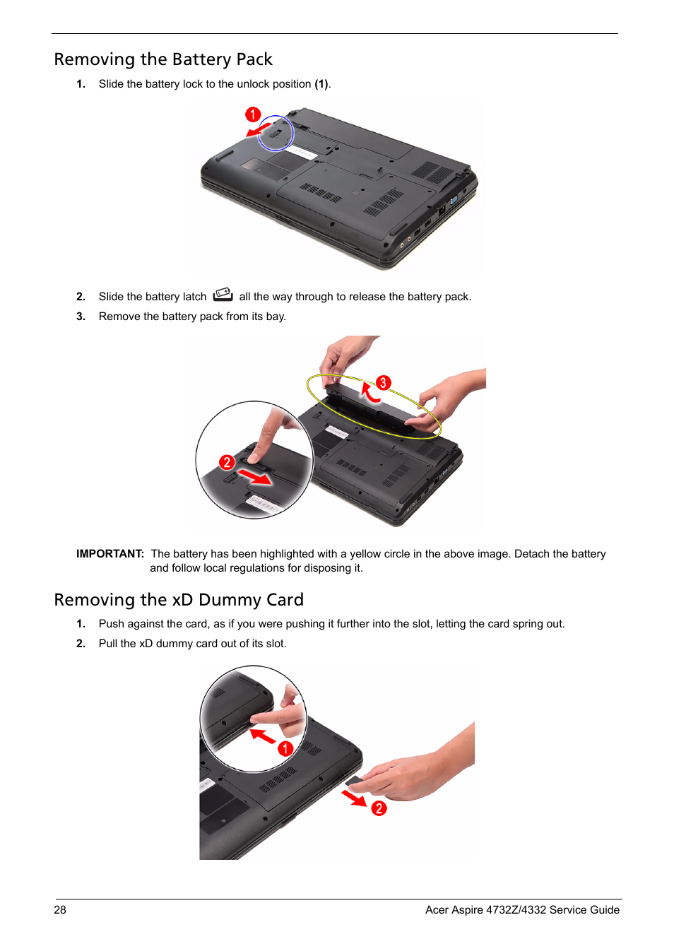 Removing the battery pack, Removing the xd dummy card | Acer 4732Z/4332 User Manual | Page 36 / 103