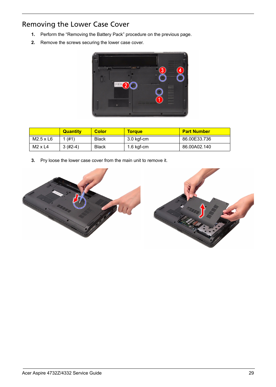 Removing the lower case cover | Acer 4732Z/4332 User Manual | Page 37 / 103