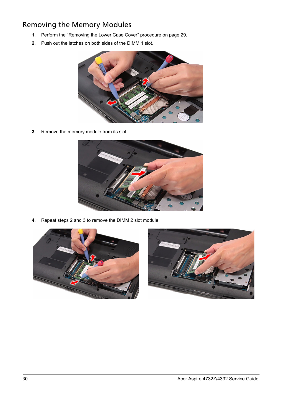 Removing the memory modules | Acer 4732Z/4332 User Manual | Page 38 / 103