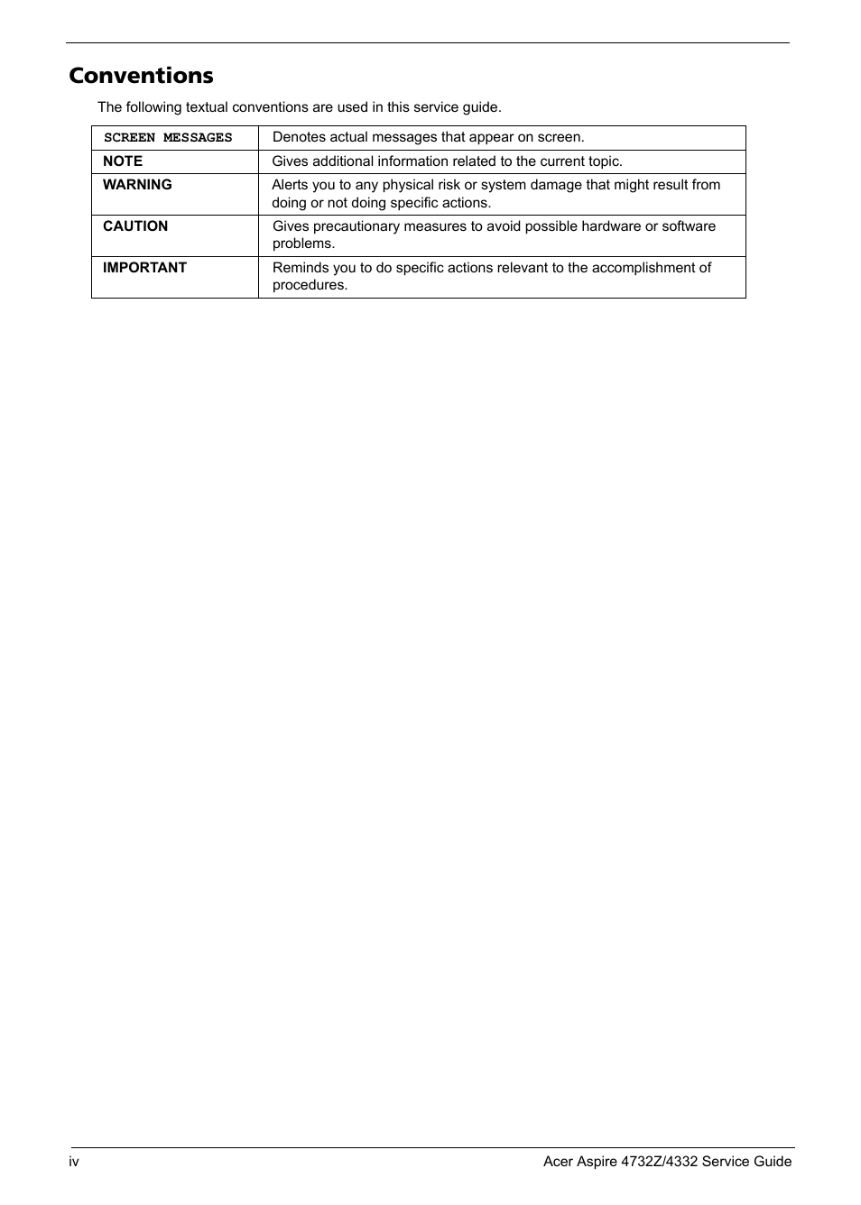 Conventions | Acer 4732Z/4332 User Manual | Page 4 / 103