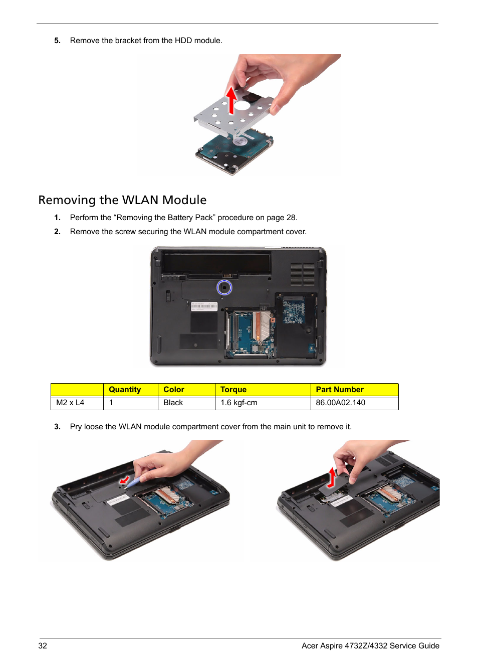 Removing the wlan module | Acer 4732Z/4332 User Manual | Page 40 / 103