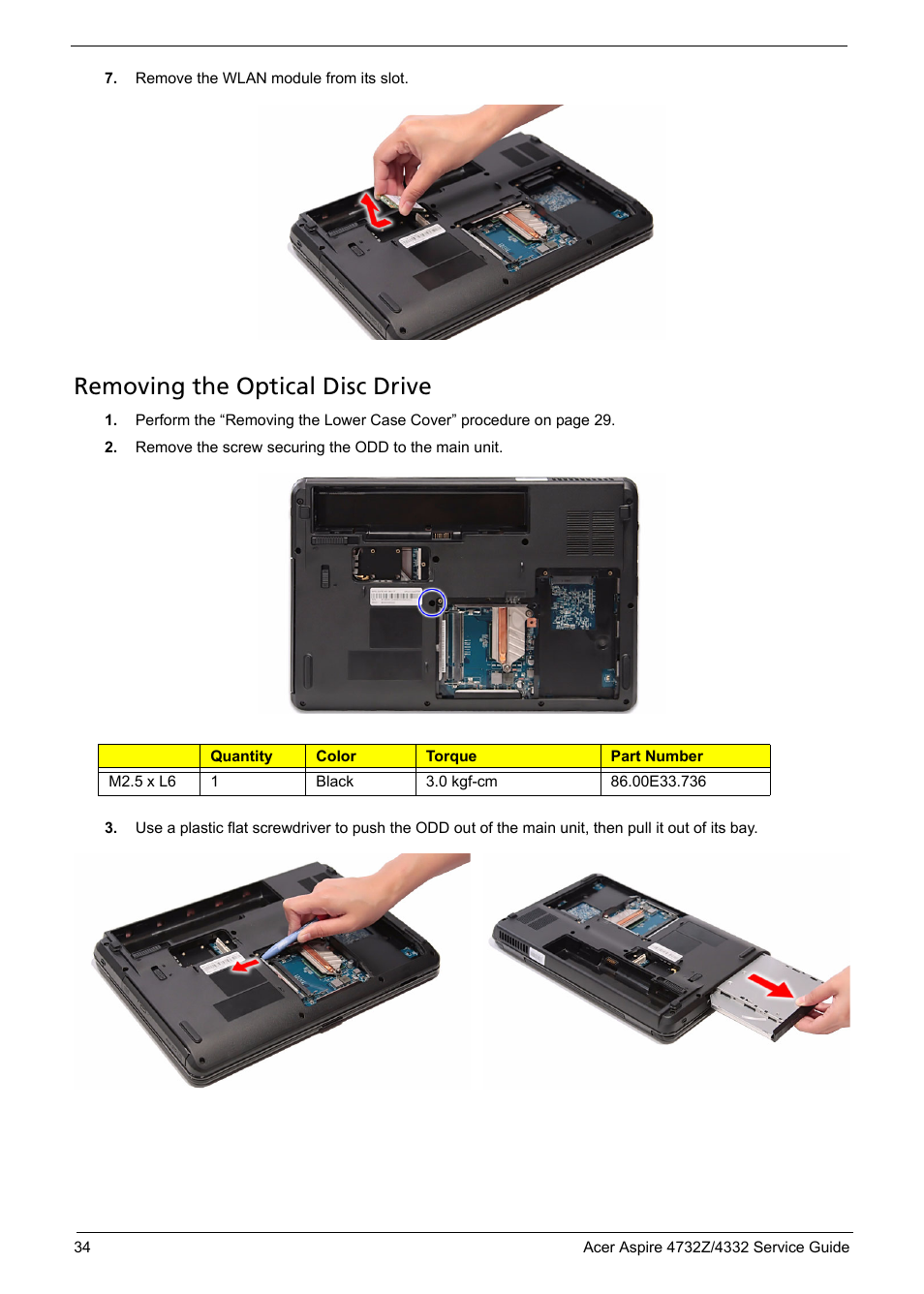 Removing the optical disc drive | Acer 4732Z/4332 User Manual | Page 42 / 103