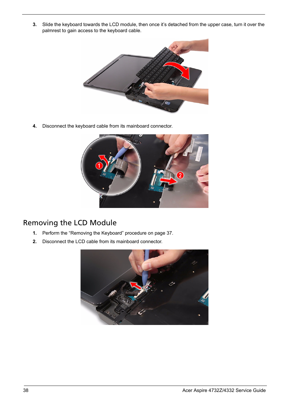 Removing the lcd module | Acer 4732Z/4332 User Manual | Page 46 / 103