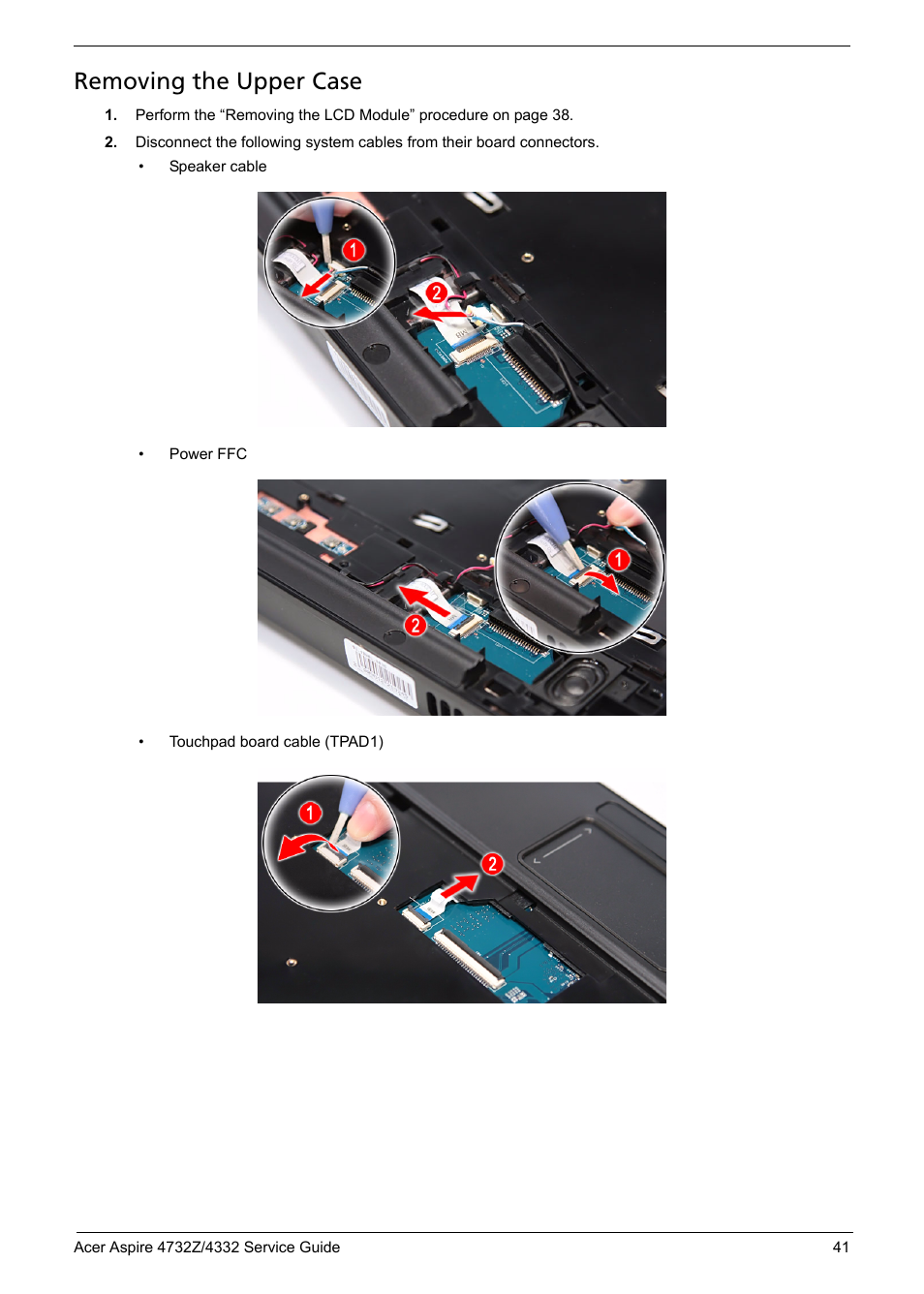 Removing the upper case | Acer 4732Z/4332 User Manual | Page 49 / 103