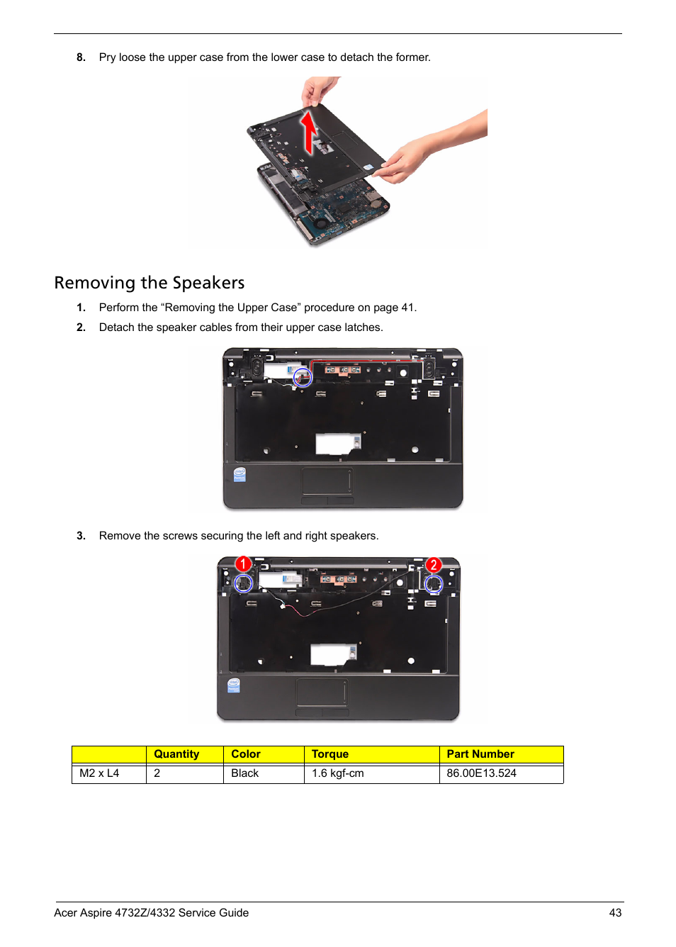 Removing the speakers | Acer 4732Z/4332 User Manual | Page 51 / 103