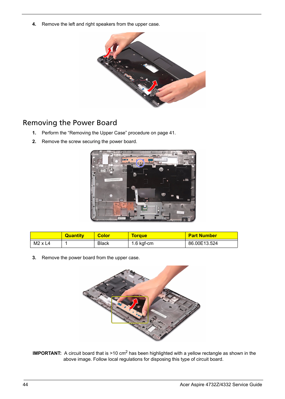 Removing the power board | Acer 4732Z/4332 User Manual | Page 52 / 103
