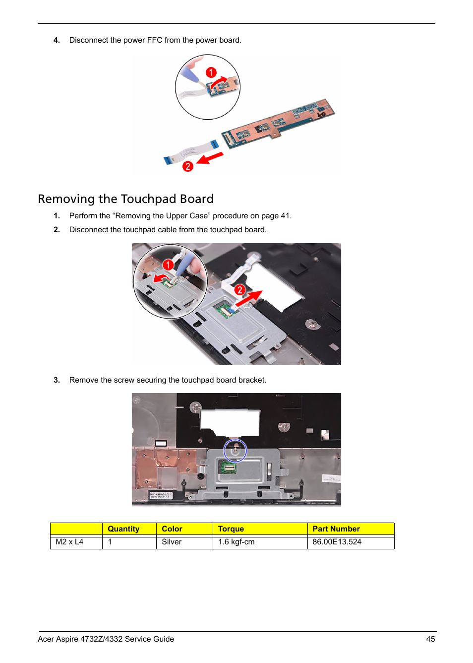 Removing the touchpad board | Acer 4732Z/4332 User Manual | Page 53 / 103