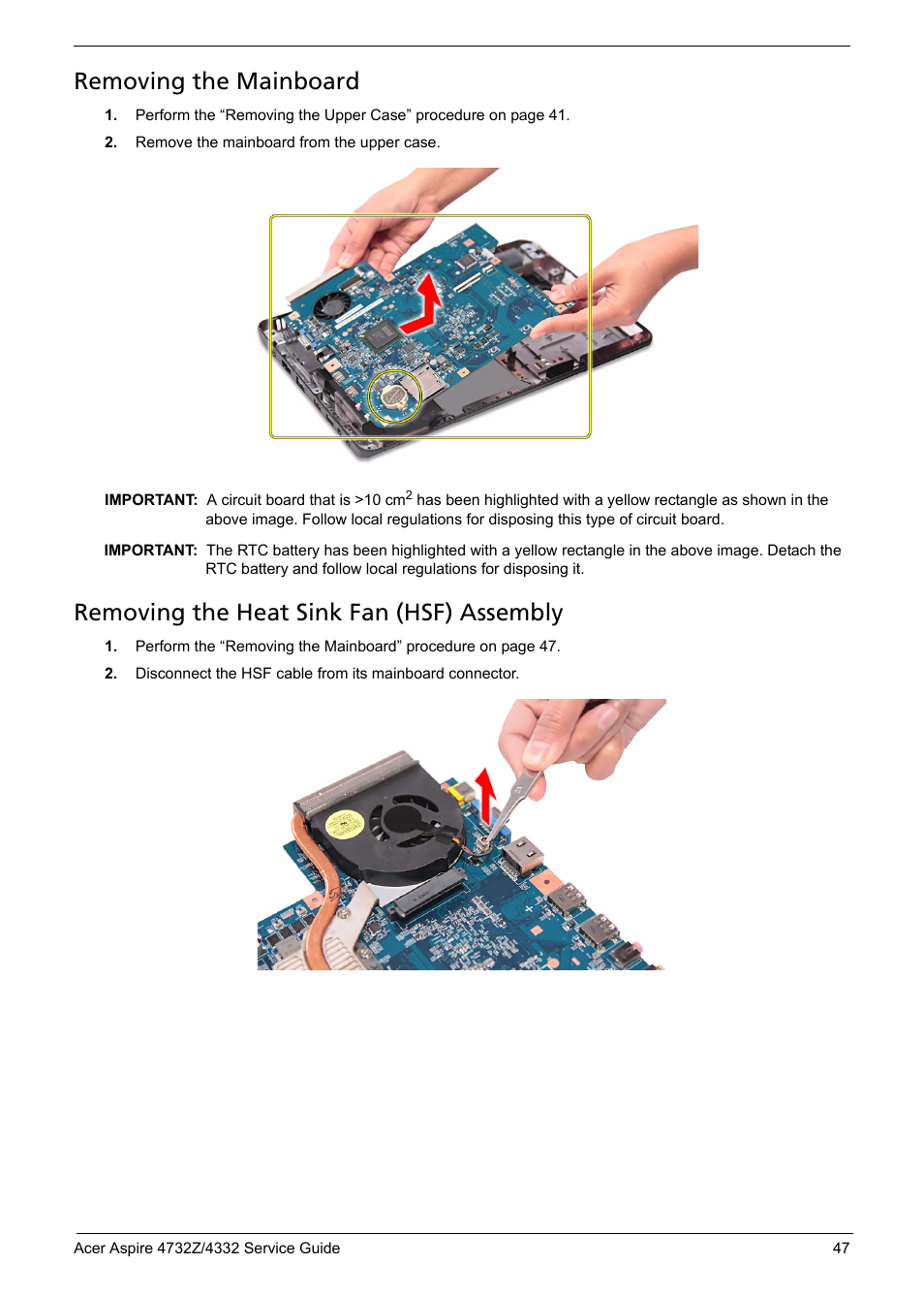 Removing the mainboard, Removing the heat sink fan (hsf) assembly | Acer 4732Z/4332 User Manual | Page 55 / 103