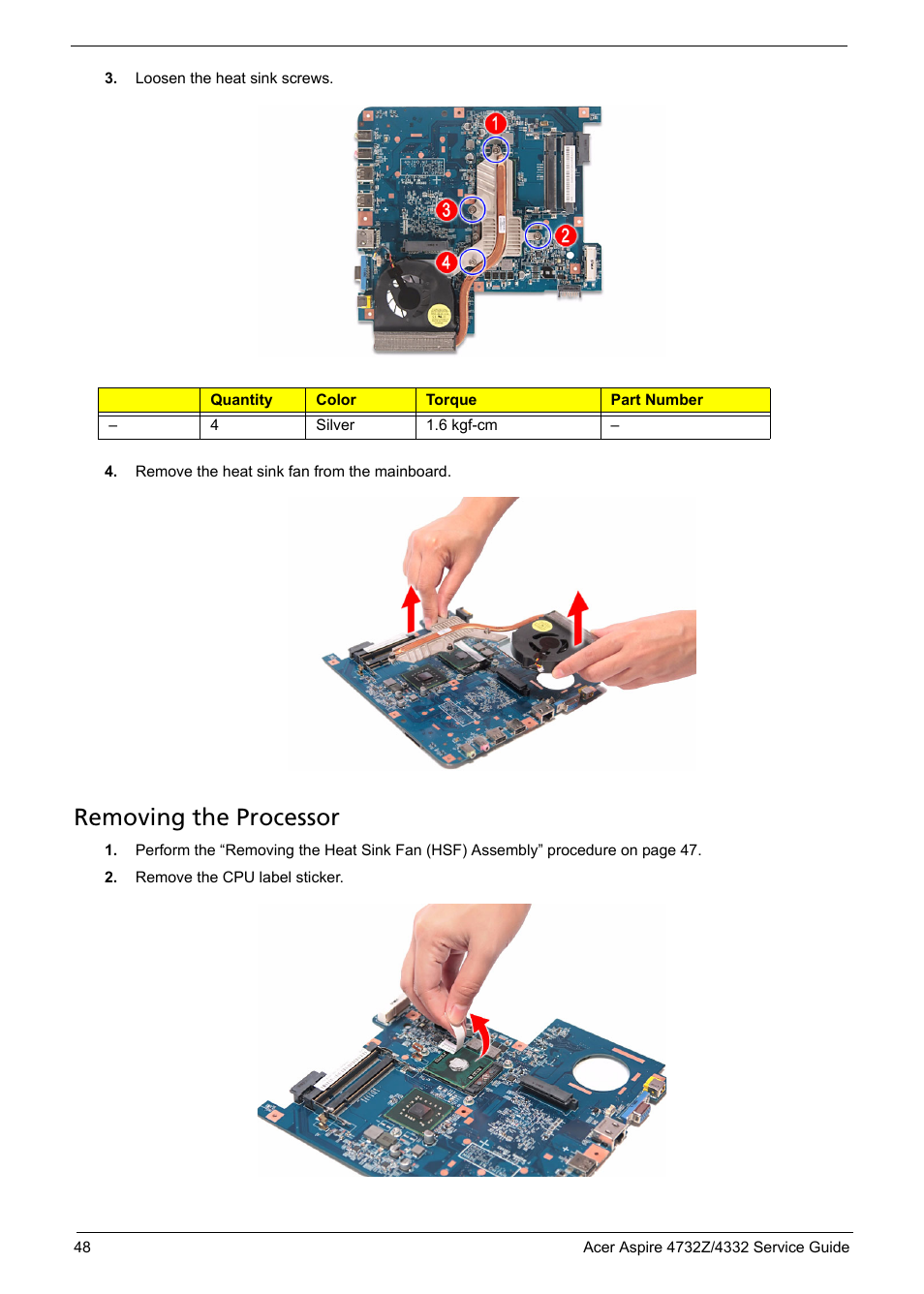 Removing the processor | Acer 4732Z/4332 User Manual | Page 56 / 103