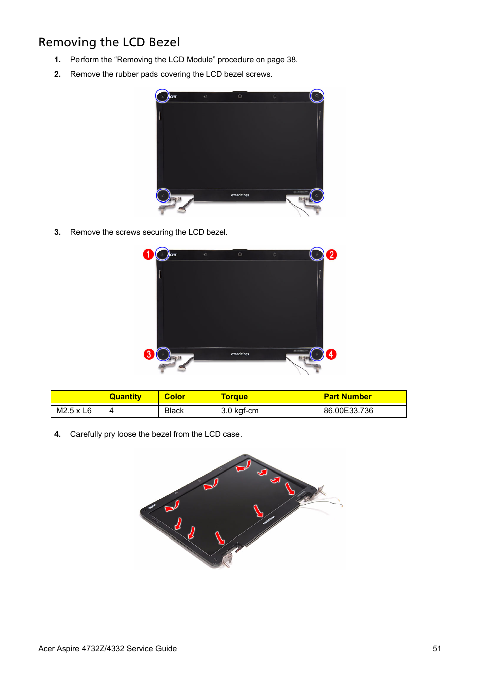 Removing the lcd bezel | Acer 4732Z/4332 User Manual | Page 59 / 103
