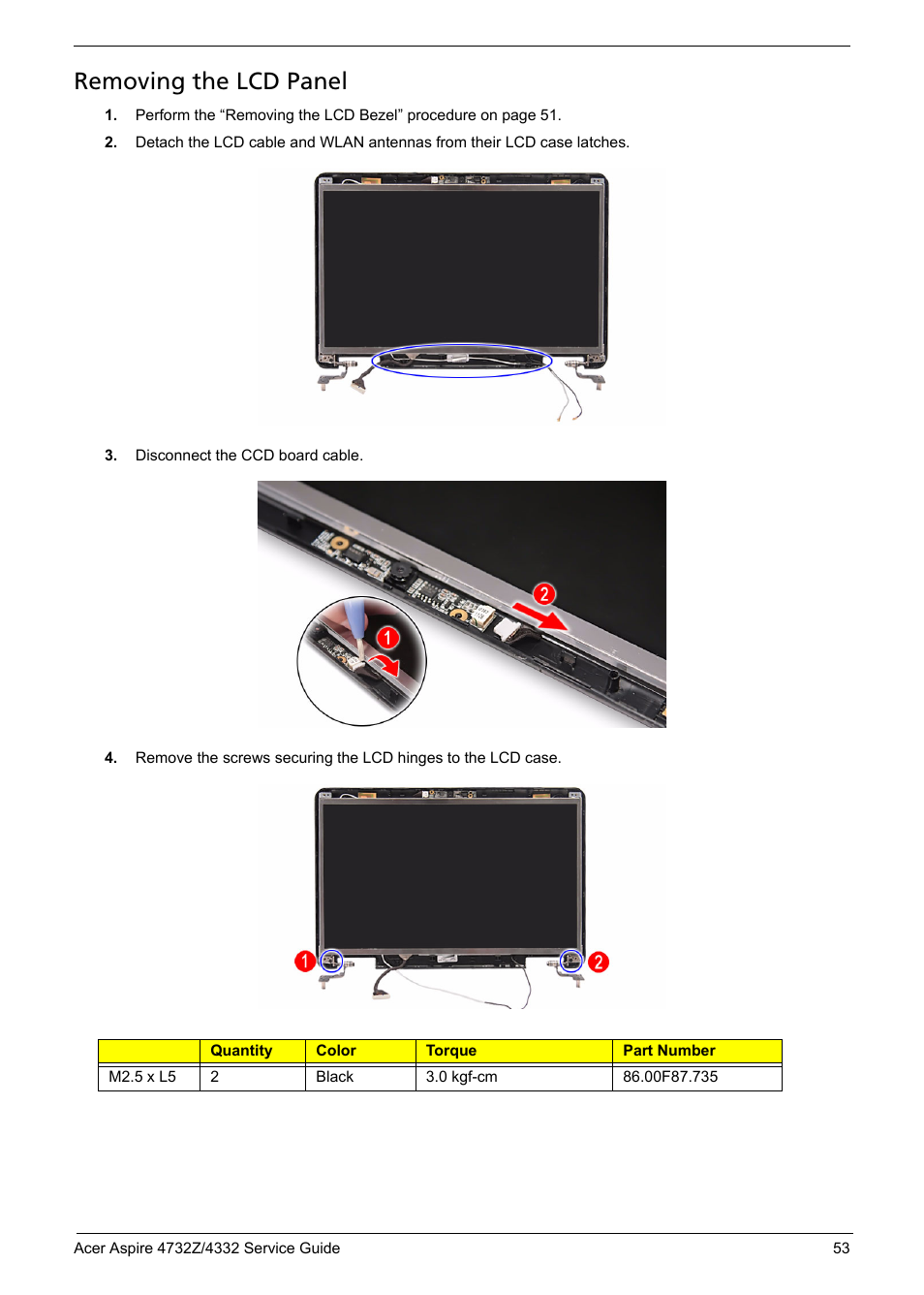 Removing the lcd panel | Acer 4732Z/4332 User Manual | Page 61 / 103