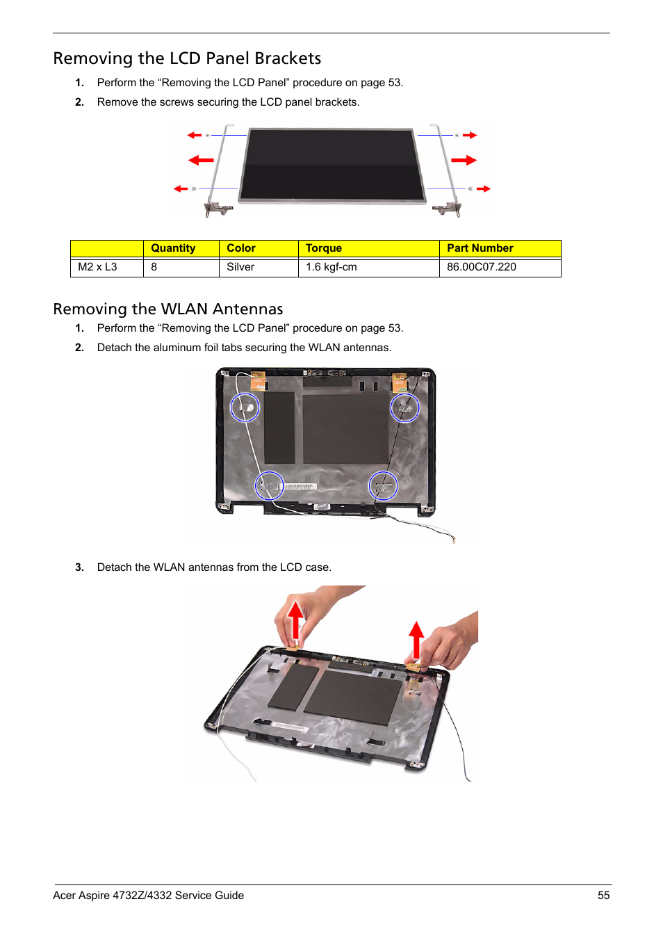 Removing the lcd panel brackets, Removing the wlan antennas | Acer 4732Z/4332 User Manual | Page 63 / 103
