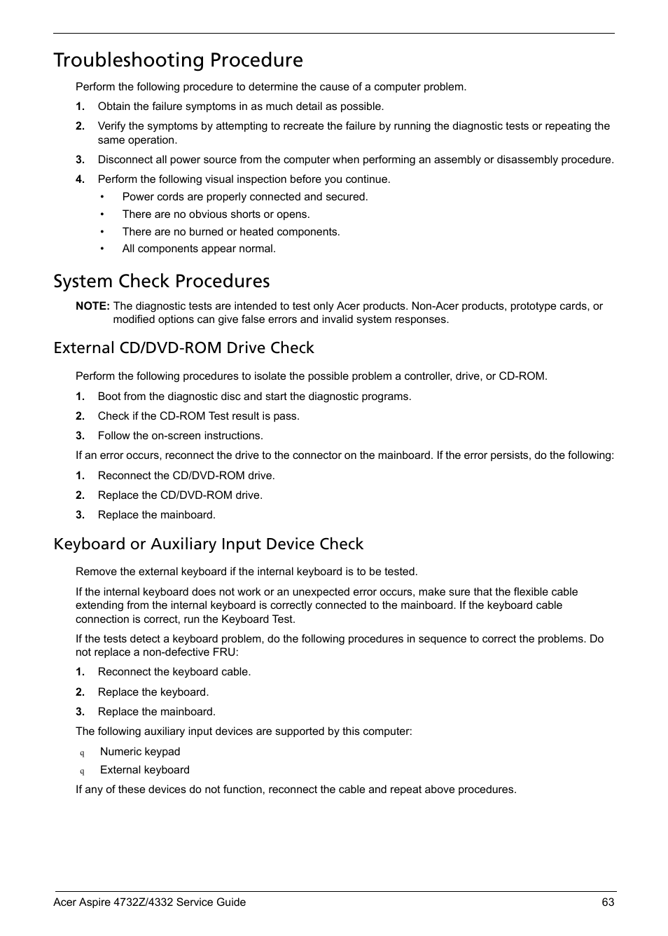 Troubleshooting procedure, System check procedures, External cd/dvd-rom drive check | Keyboard or auxiliary input device check | Acer 4732Z/4332 User Manual | Page 71 / 103