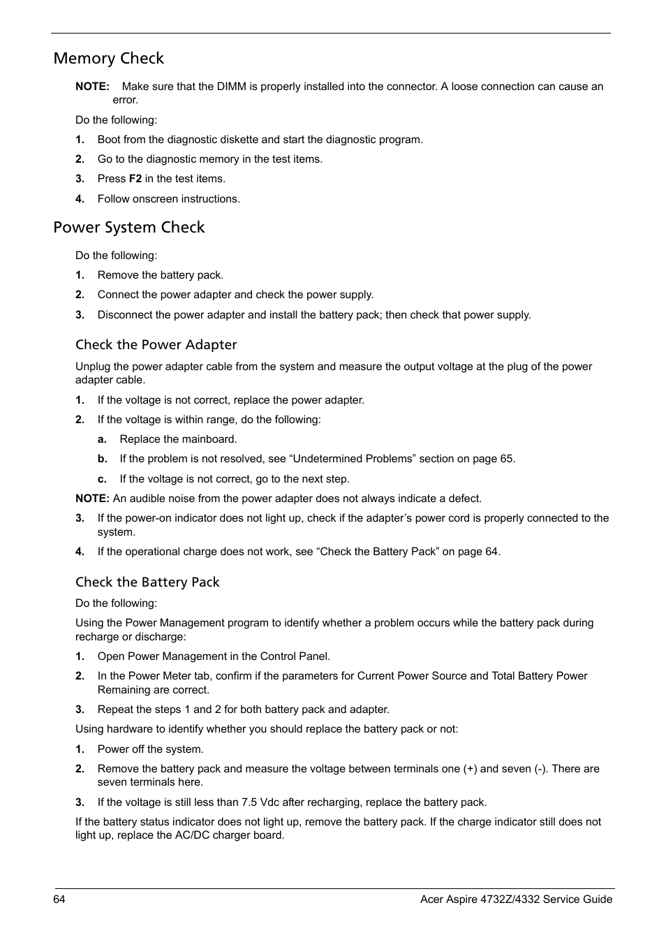 Power system check, Check the power adapter, Check the battery pack | Acer 4732Z/4332 User Manual | Page 72 / 103