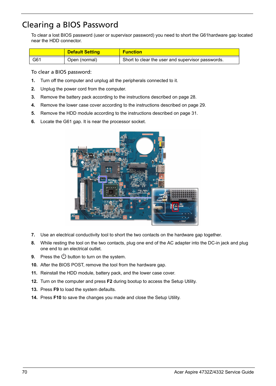 Clearing a bios password | Acer 4732Z/4332 User Manual | Page 78 / 103