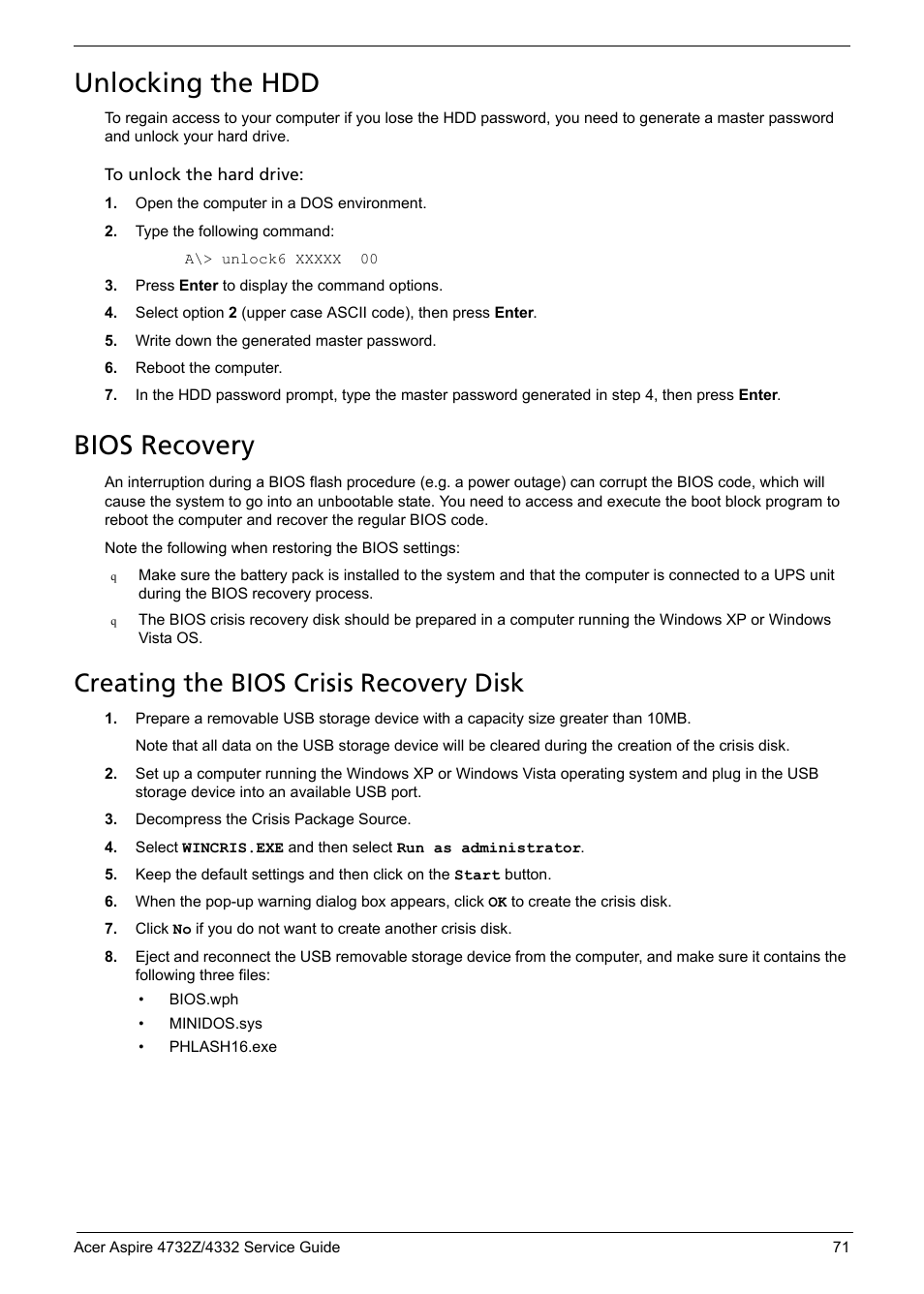 Unlocking the hdd, Bios recovery, Creating the bios crisis recovery disk | Unlocking the hdd bios recovery | Acer 4732Z/4332 User Manual | Page 79 / 103