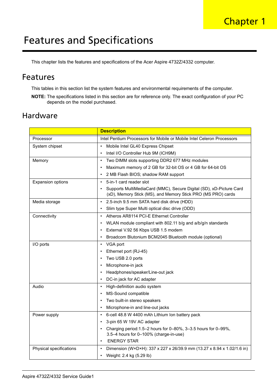 Features, Hardware, Features and specifications | Chapter 1, Feat | Acer 4732Z/4332 User Manual | Page 9 / 103