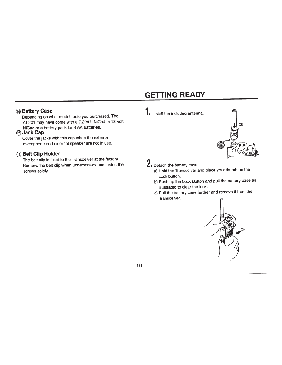 Getting ready, Battery case, Jack cap | Belt clip holder | ADI Systems AT-201 User Manual | Page 11 / 58