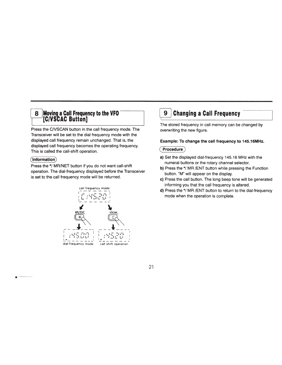 9j changing a call frequency, 9) changing a call frequency to the vfo, Moving a call frequency to the vfo [c/vscac button | ADI Systems AT-201 User Manual | Page 22 / 58