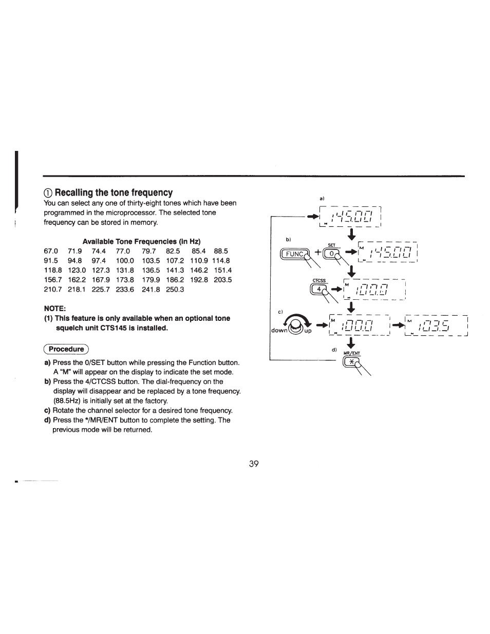 0 recalling the tone frequency, Note | ADI Systems AT-201 User Manual | Page 40 / 58