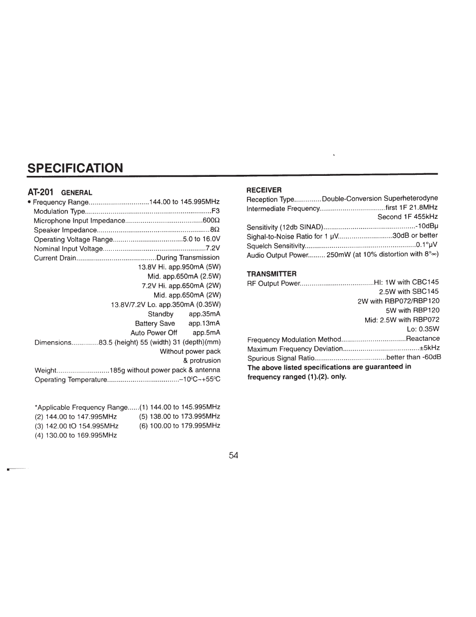 Specification, At-201 general, Receiver | Transmitter | ADI Systems AT-201 User Manual | Page 55 / 58