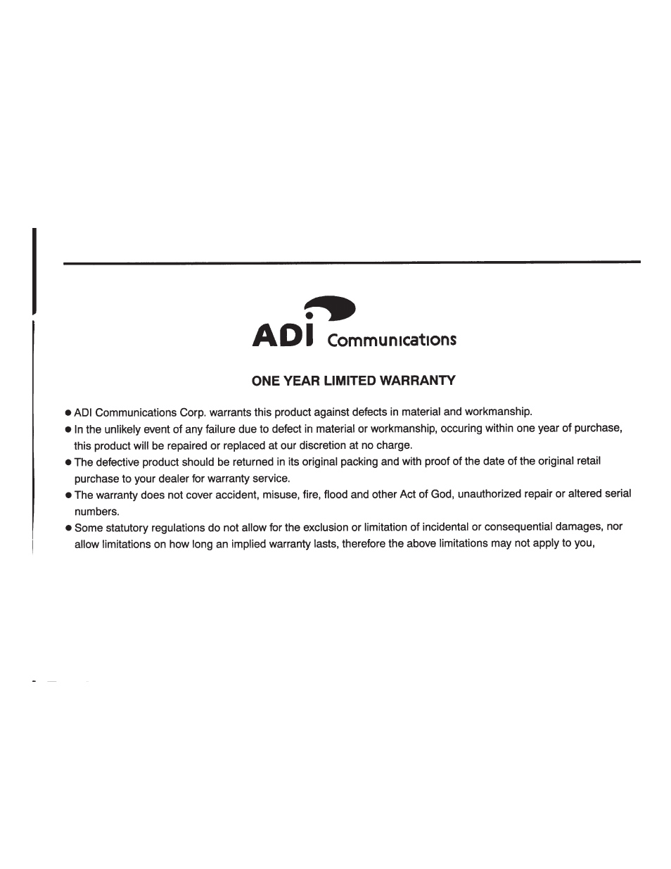 Communications, One year limited warranty | ADI Systems AT-201 User Manual | Page 57 / 58