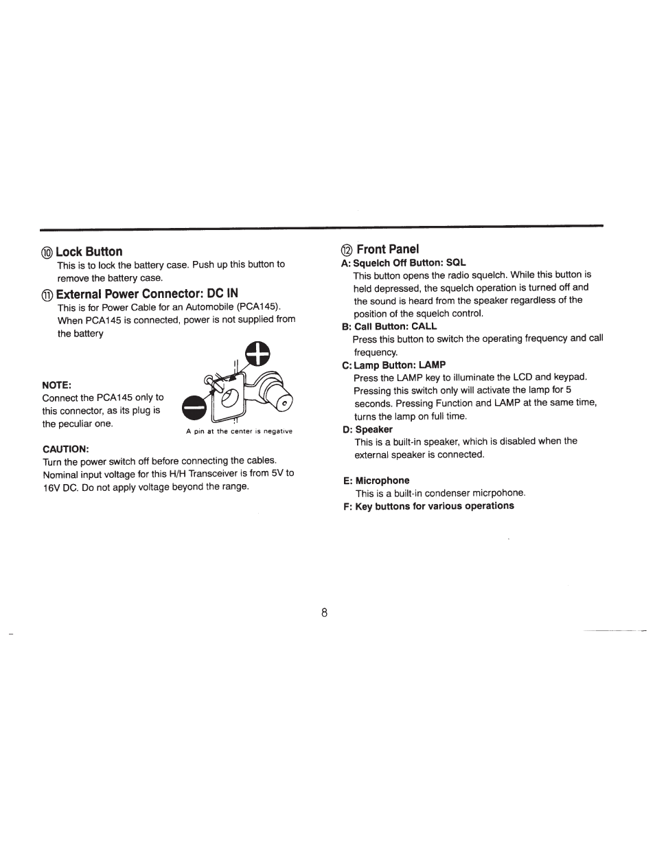 Lock button, External power connector: dc in, Note | Caution, Front panel, E: microphone | ADI Systems AT-201 User Manual | Page 9 / 58