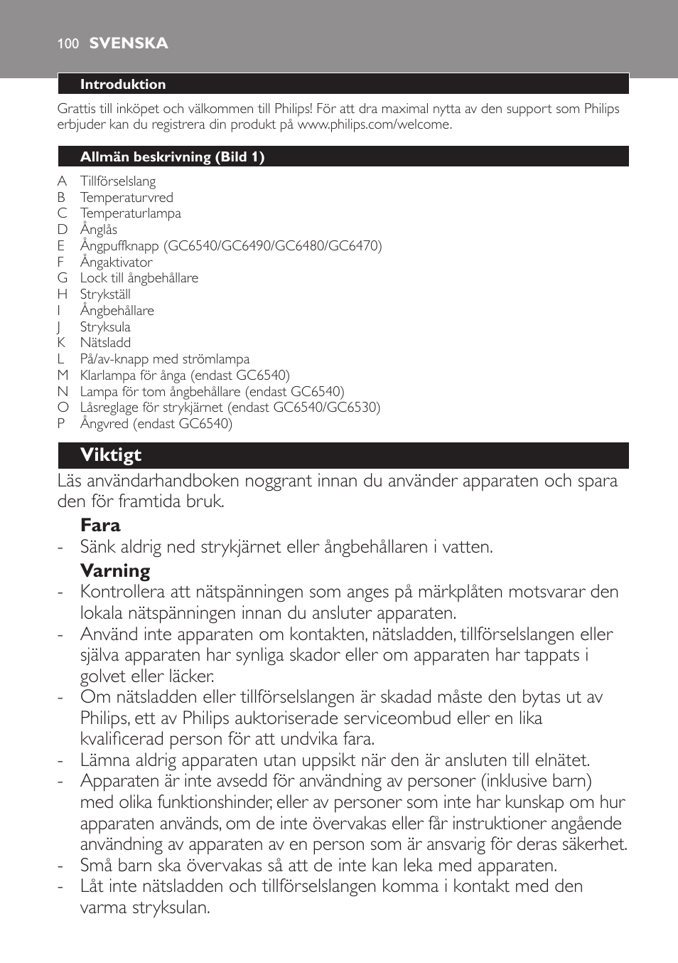 Svenska, Svenska 10 | Philips Centrale vapeur haute pression User Manual | Page 100 / 120