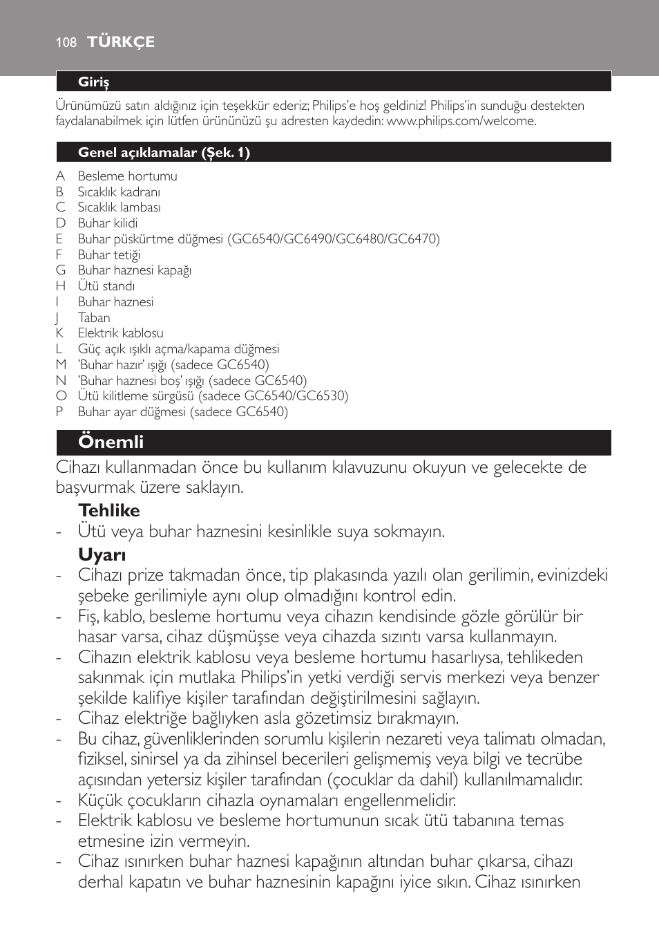 Türkçe, Türkçe 10 | Philips Centrale vapeur haute pression User Manual | Page 108 / 120