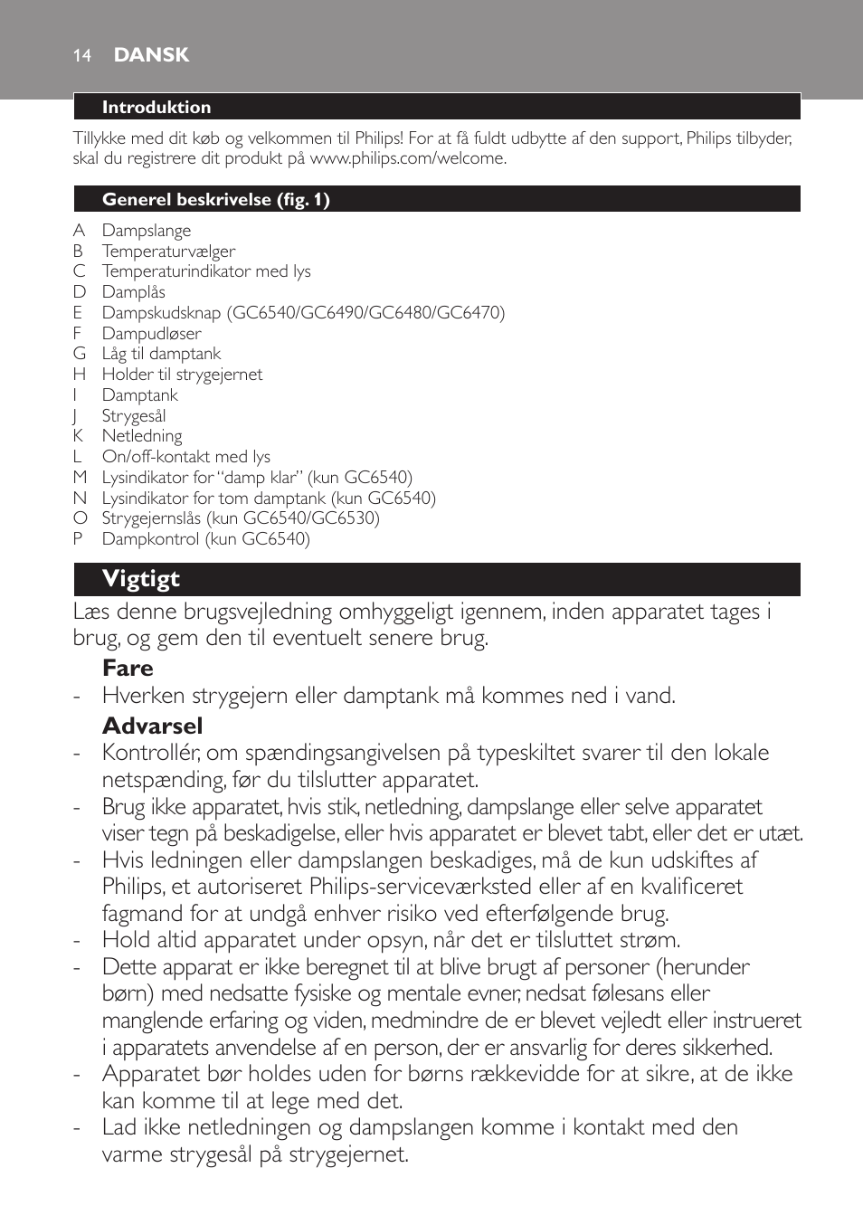 Dansk | Philips Centrale vapeur haute pression User Manual | Page 14 / 120