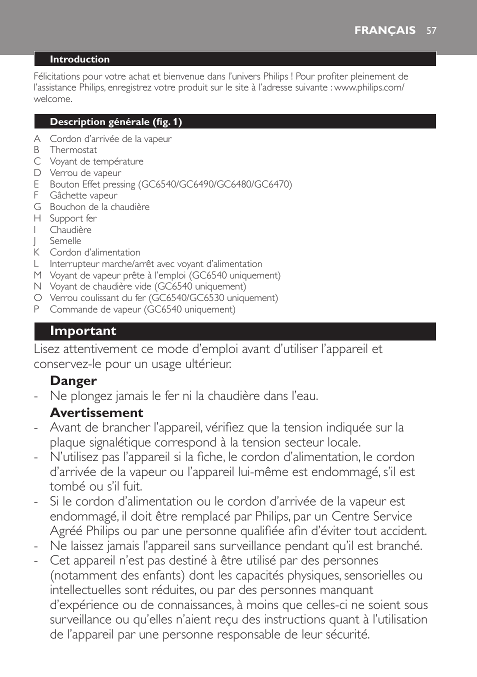 Français, Français 5 | Philips Centrale vapeur haute pression User Manual | Page 57 / 120