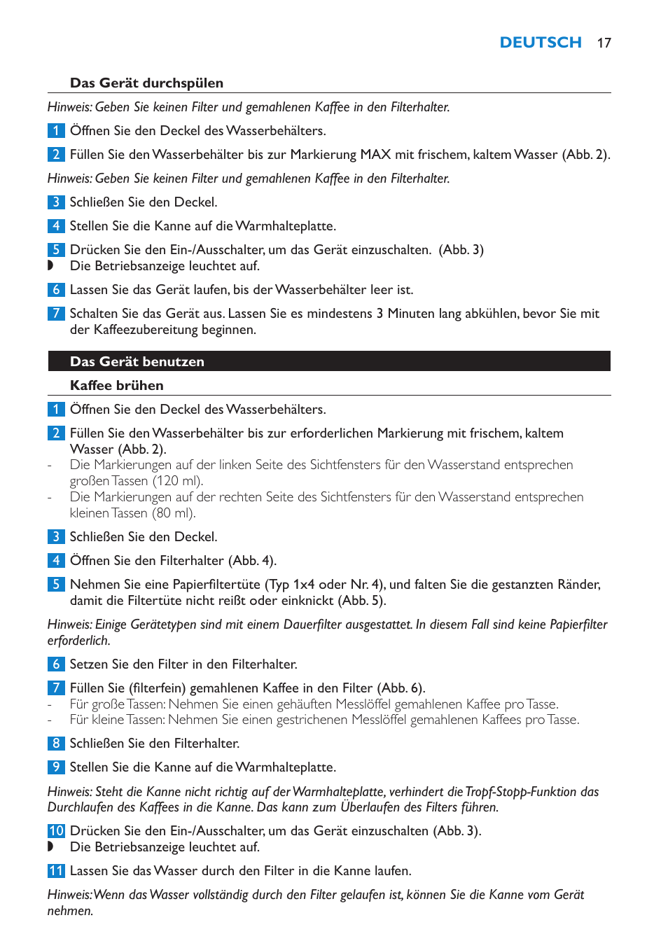 Das gerät durchspülen, Das gerät benutzen, Kaffee brühen | Philips Cafetière User Manual | Page 17 / 70