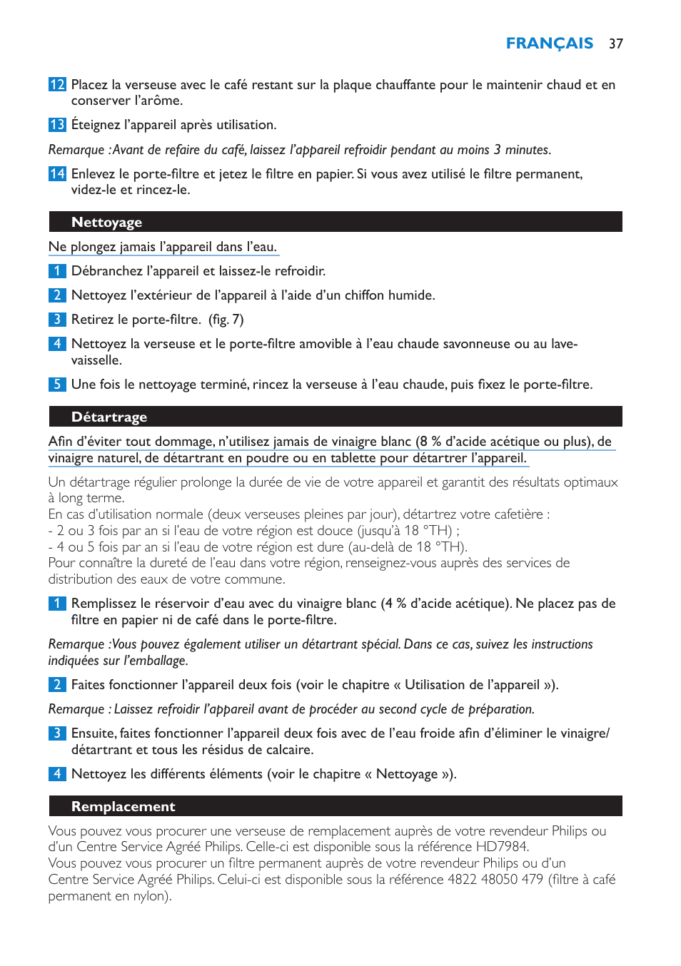 Nettoyage, Détartrage, Remplacement | Philips Cafetière User Manual | Page 37 / 70