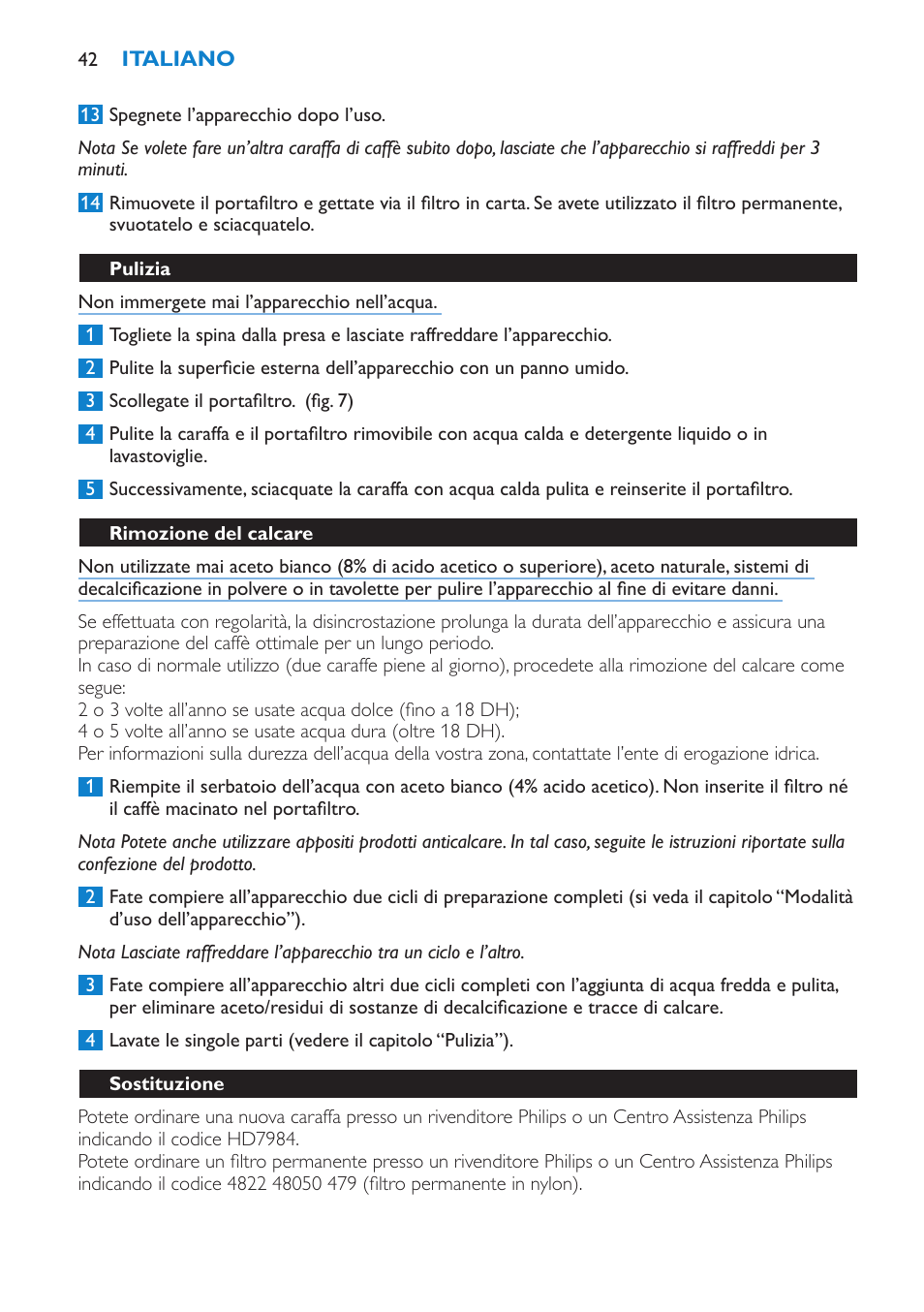 Pulizia, Rimozione del calcare, Sostituzione | Philips Cafetière User Manual | Page 42 / 70