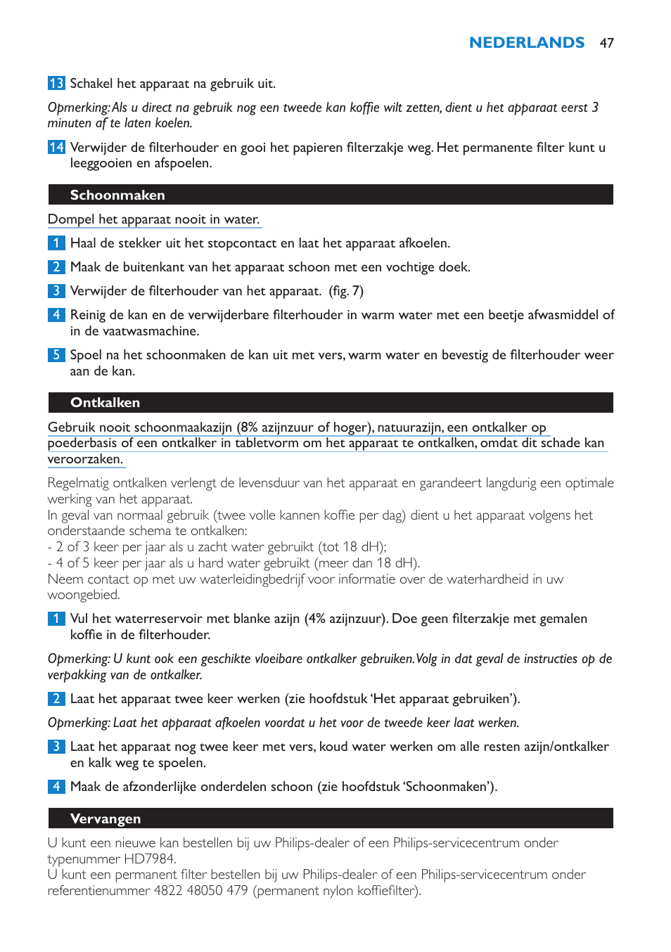 Schoonmaken, Ontkalken, Vervangen | Philips Cafetière User Manual | Page 47 / 70
