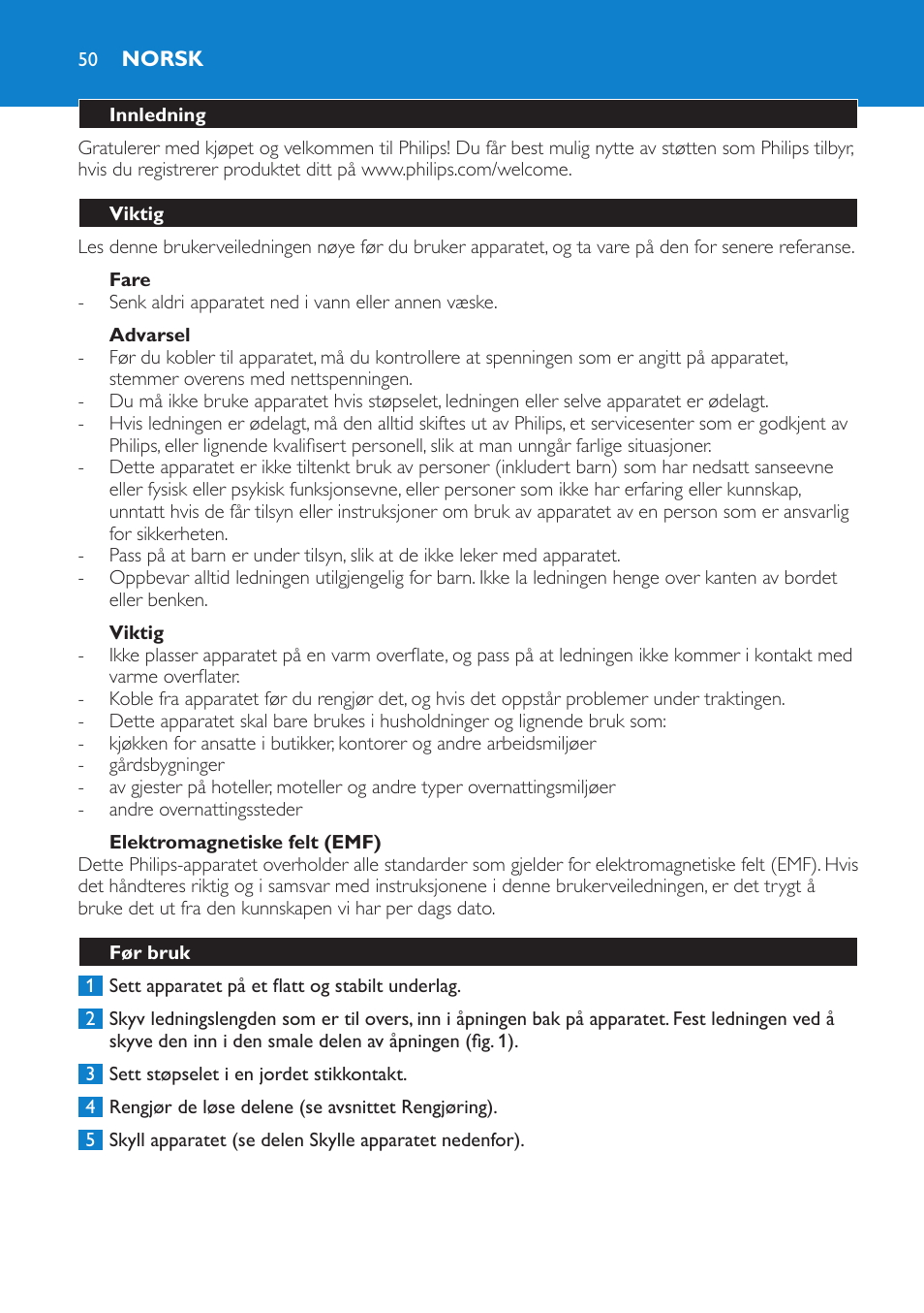 Fare, Advarsel, Viktig | Elektromagnetiske felt (emf), Norsk, Innledning, Før bruk, Skylle apparatet | Philips Cafetière User Manual | Page 50 / 70