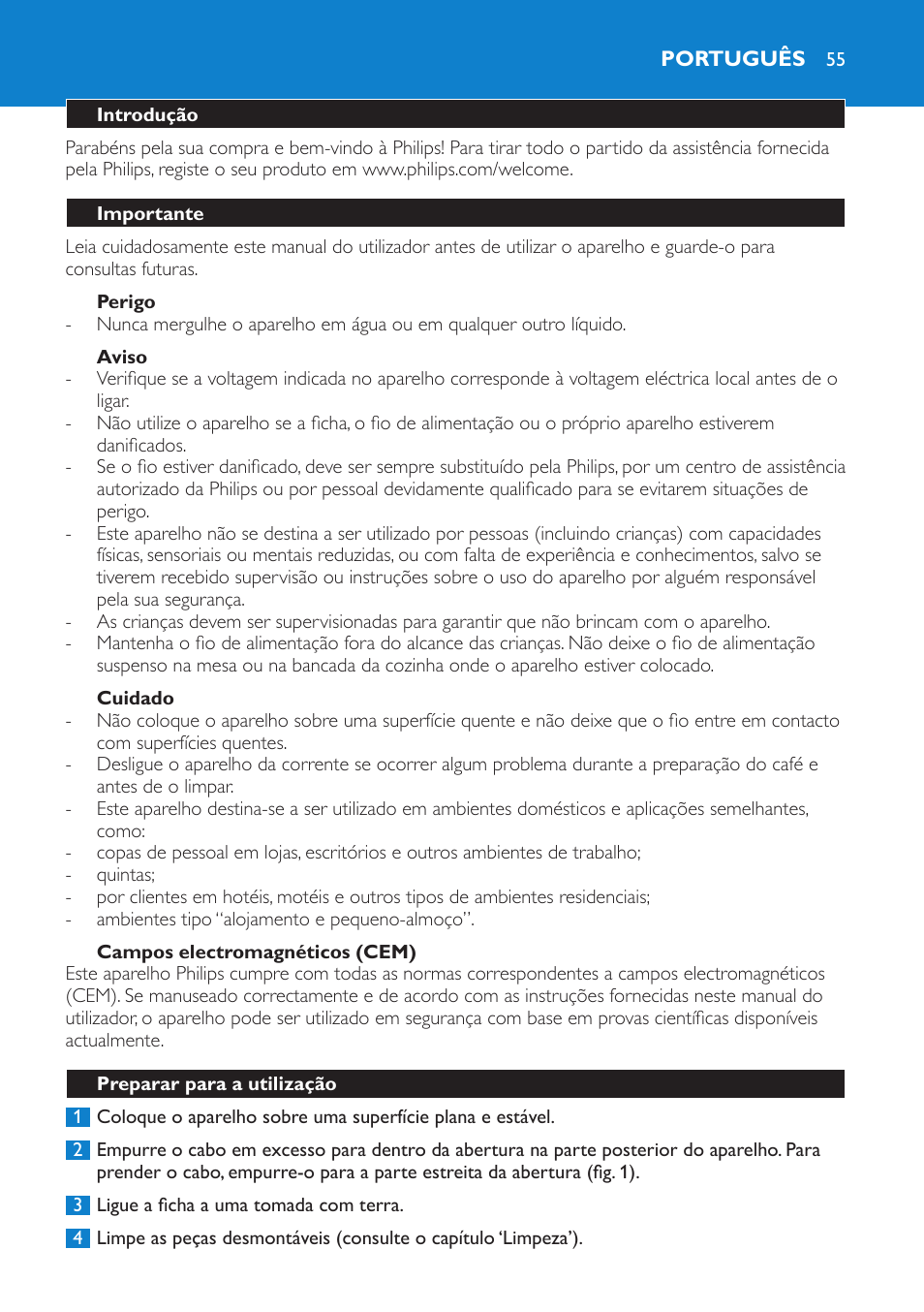 Perigo, Aviso, Cuidado | Campos electromagnéticos (cem), Português, Introdução, Importante, Preparar para a utilização | Philips Cafetière User Manual | Page 55 / 70