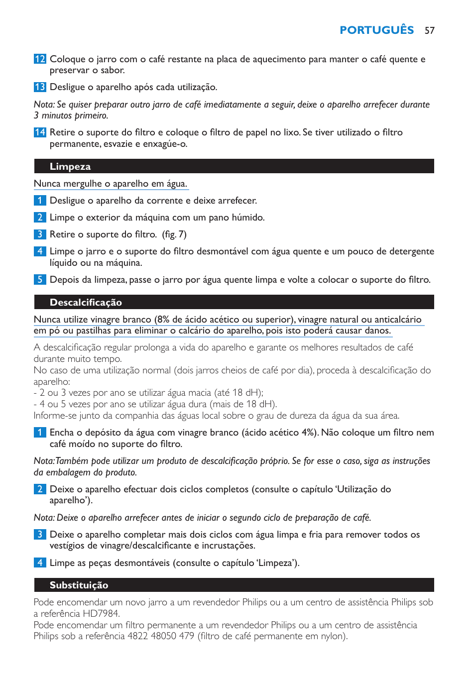 Limpeza, Descalcificação, Substituição | Philips Cafetière User Manual | Page 57 / 70